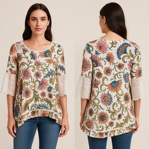 Multiples Floral Paisley Retro Tunic Top with Lace Bell 3/4 Sleeves – Size S